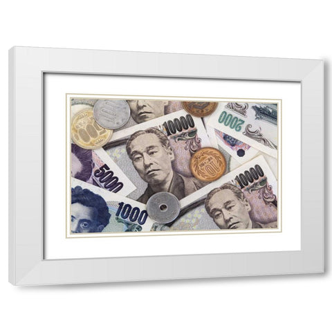 Japan Japanese paper currency and coins White Modern Wood Framed Art Print with Double Matting by Flaherty, Dennis