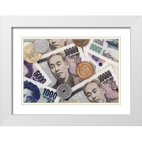 Japan Japanese paper currency and coins White Modern Wood Framed Art Print with Double Matting by Flaherty, Dennis