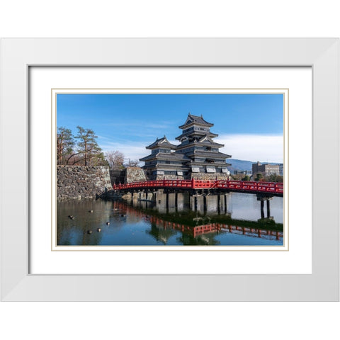 The Matsumoto Castle as seen from the bridge with the city buildings in the background-Japan White Modern Wood Framed Art Print with Double Matting by Haddad, Sheila