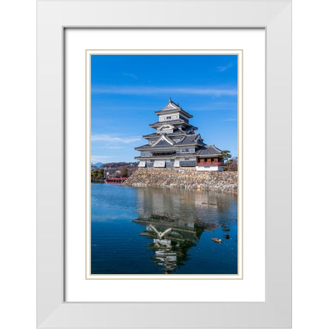 The Matsumoto Castle as seen from the bridge with the city buildings in the background-Japan White Modern Wood Framed Art Print with Double Matting by Haddad, Sheila