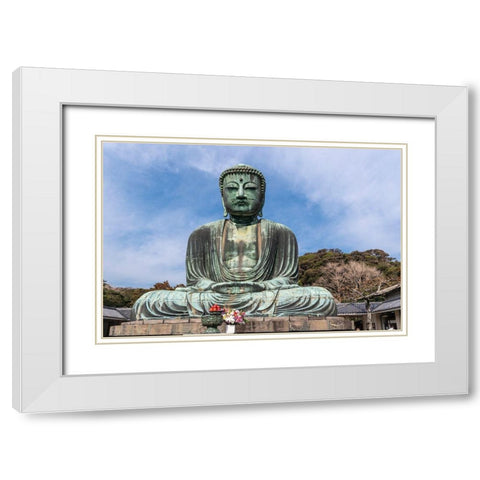 The Great Buddha-Daibutsu-offerings in front-blue sky above in Kamakura-Japan White Modern Wood Framed Art Print with Double Matting by Haddad, Sheila