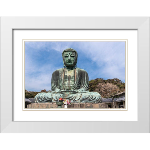 The Great Buddha-Daibutsu-offerings in front-blue sky above in Kamakura-Japan White Modern Wood Framed Art Print with Double Matting by Haddad, Sheila