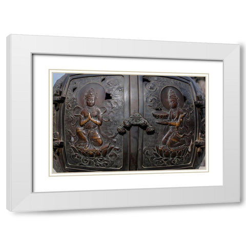 The ornate-engraved bronze doors to the outdoor incense burner of the Daibutsu-Kamakura-Japan White Modern Wood Framed Art Print with Double Matting by Haddad, Sheila