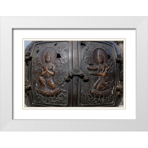 The ornate-engraved bronze doors to the outdoor incense burner of the Daibutsu-Kamakura-Japan White Modern Wood Framed Art Print with Double Matting by Haddad, Sheila