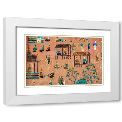Laos-Luang Prabang-Detail of mosaic decorations depicting people on the side of a building White Modern Wood Framed Art Print with Double Matting by Haseltine, Tom
