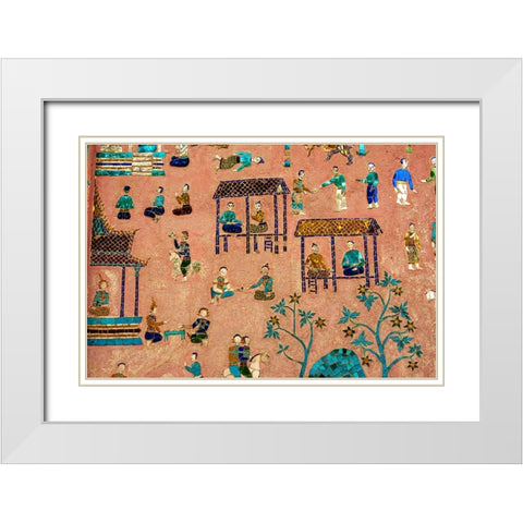 Laos-Luang Prabang-Detail of mosaic decorations depicting people on the side of a building White Modern Wood Framed Art Print with Double Matting by Haseltine, Tom