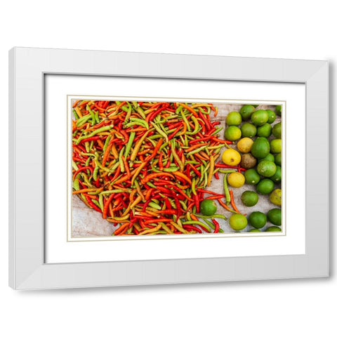 Peppers and limes at market-Vientiane-Capital of Laos-Southeast Asia White Modern Wood Framed Art Print with Double Matting by Haseltine, Tom