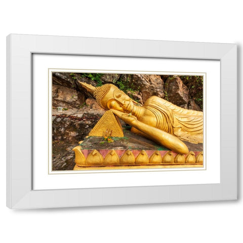 Laos- Luang Prabang. Reclining Buddha statue on Mount Phousi. White Modern Wood Framed Art Print with Double Matting by Haseltine, Tom