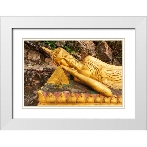 Laos- Luang Prabang. Reclining Buddha statue on Mount Phousi. White Modern Wood Framed Art Print with Double Matting by Haseltine, Tom