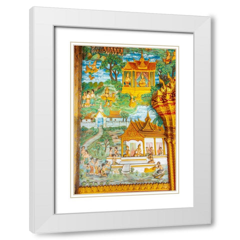 Luang Prabang- Laos. Ancient mural carvings in Wat Mahathat facade. White Modern Wood Framed Art Print with Double Matting by Haseltine, Tom