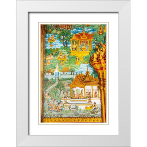 Luang Prabang- Laos. Ancient mural carvings in Wat Mahathat facade. White Modern Wood Framed Art Print with Double Matting by Haseltine, Tom