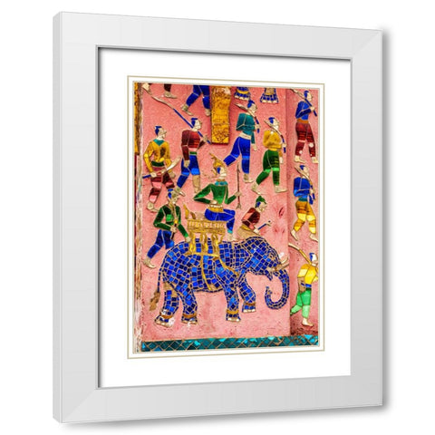 Laos- Luang Prabang. Mosaic mural depicting a man riding an elephant White Modern Wood Framed Art Print with Double Matting by Haseltine, Tom