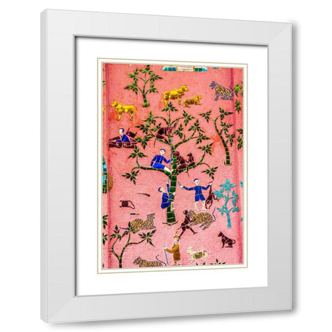 Laos- Luang Prabang. Mosaic mural depicting people and animals. White Modern Wood Framed Art Print with Double Matting by Haseltine, Tom