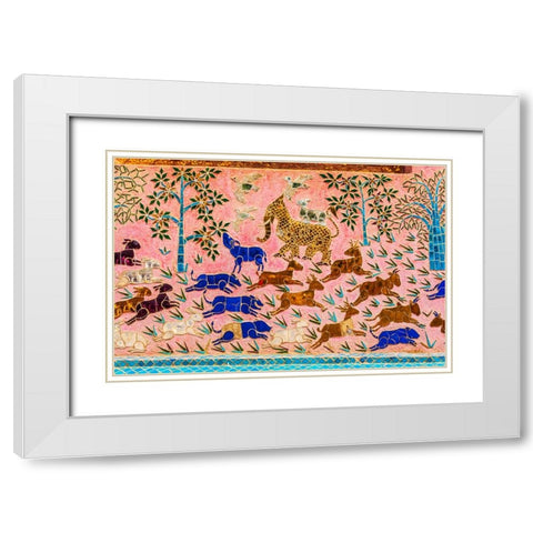 Laos- Luang Prabang. Mosaic mural depicting animals. White Modern Wood Framed Art Print with Double Matting by Haseltine, Tom