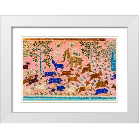Laos- Luang Prabang. Mosaic mural depicting animals. White Modern Wood Framed Art Print with Double Matting by Haseltine, Tom