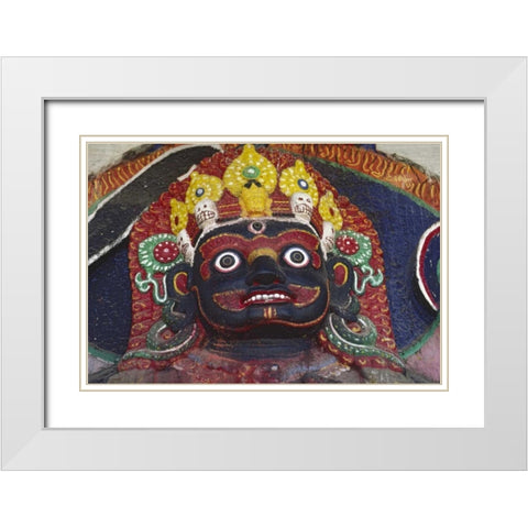 Nepal, Kathmandu, Statue of Kalbairab at a shrine White Modern Wood Framed Art Print with Double Matting by Satushek, Steve