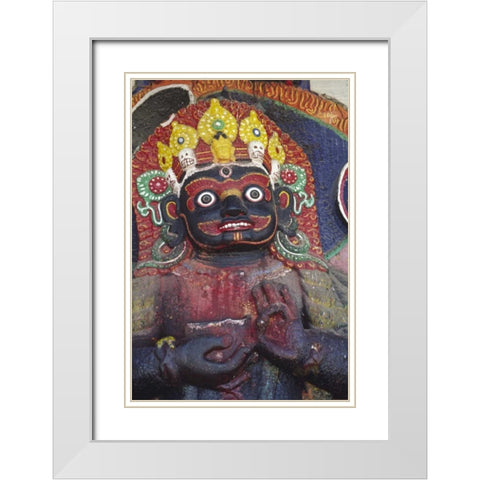 Nepal, Kathmandu, Statue of Kalbairab at a Shrine White Modern Wood Framed Art Print with Double Matting by Satushek, Steve