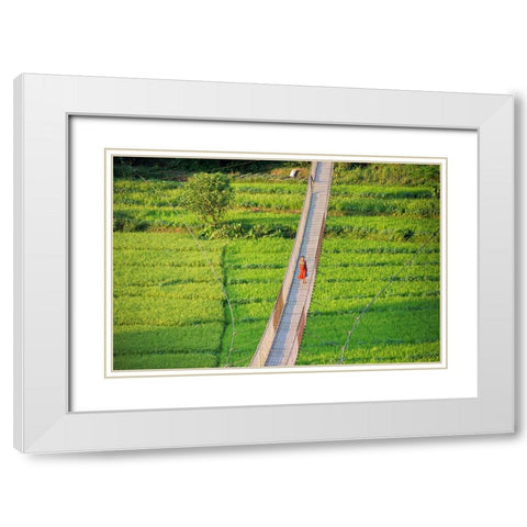 People crossing suspension bridge over Trishuli River-Tupche-Nuwakot District-Province 3-Nepal White Modern Wood Framed Art Print with Double Matting by Su, Keren