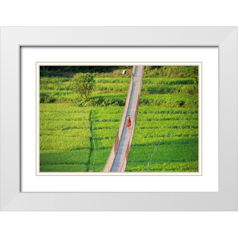 People crossing suspension bridge over Trishuli River-Tupche-Nuwakot District-Province 3-Nepal White Modern Wood Framed Art Print with Double Matting by Su, Keren