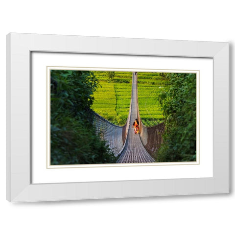 People crossing suspension bridge over Trishuli River-Tupche-Nuwakot District-Province 3-Nepal White Modern Wood Framed Art Print with Double Matting by Su, Keren