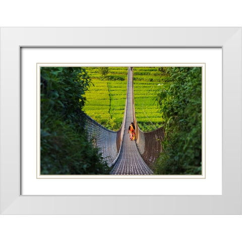People crossing suspension bridge over Trishuli River-Tupche-Nuwakot District-Province 3-Nepal White Modern Wood Framed Art Print with Double Matting by Su, Keren