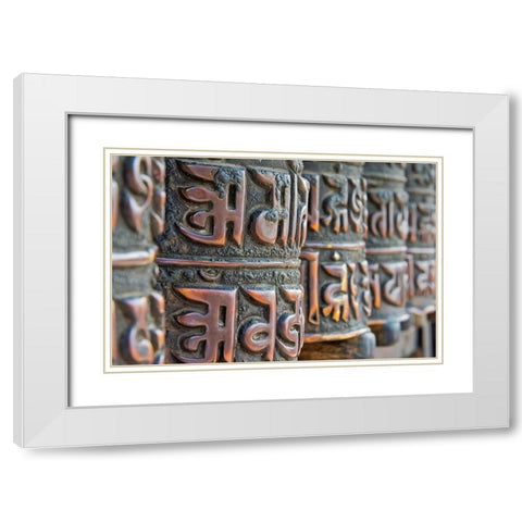 Bronze prayer wheels carved with Buddhist scripture-Swayambhunath-Kathmandu-Nepal White Modern Wood Framed Art Print with Double Matting by Su, Keren