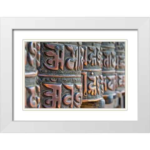 Bronze prayer wheels carved with Buddhist scripture-Swayambhunath-Kathmandu-Nepal White Modern Wood Framed Art Print with Double Matting by Su, Keren