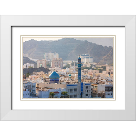 Middle East-Arabian Peninsula-Oman-Muscat-Muttrah-Blue minaret and dome of a mosque in Muttrah White Modern Wood Framed Art Print with Double Matting by Wilson, Emily M.