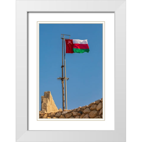 Middle East-Arabian Peninsula-Oman-Muscat-Muttrah-Omani flag flying in Muttrah White Modern Wood Framed Art Print with Double Matting by Wilson, Emily M.