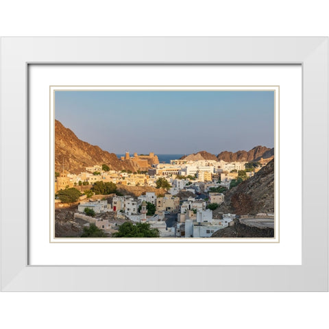 Middle East-Arabian Peninsula-Oman-Muscat-Sunset view of a neighborhood in the hills of Muscat White Modern Wood Framed Art Print with Double Matting by Wilson, Emily M.