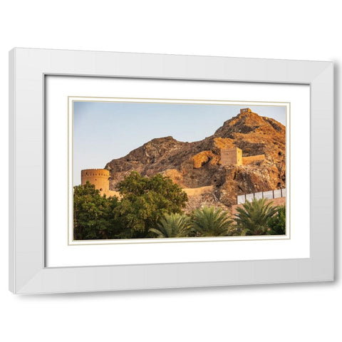 Middle East-Arabian Peninsula-Oman-Muscat-Ancient fort on a mountain above Muscat White Modern Wood Framed Art Print with Double Matting by Wilson, Emily M.