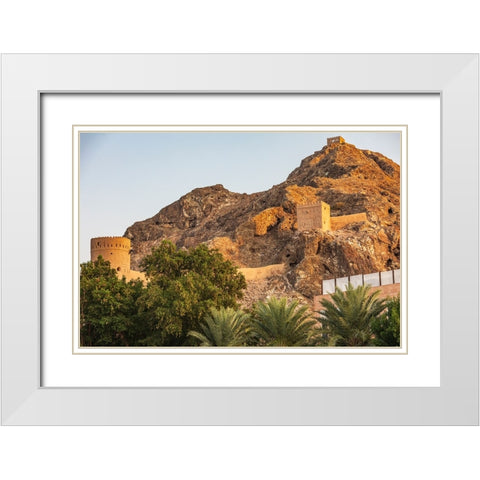 Middle East-Arabian Peninsula-Oman-Muscat-Ancient fort on a mountain above Muscat White Modern Wood Framed Art Print with Double Matting by Wilson, Emily M.