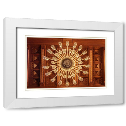 Middle East-Arabian Peninsula-Oman-Muscat-Chandelier in the Sultan Qaboos Grand Mosque in Muscat White Modern Wood Framed Art Print with Double Matting by Wilson, Emily M.