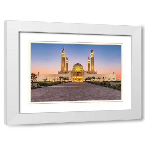 Middle East-Arabian Peninsula-Oman-Ad Dakhiliyah-Nizwa-Sunset at the Sultan Qaboos Grand Mosque White Modern Wood Framed Art Print with Double Matting by Wilson, Emily M.