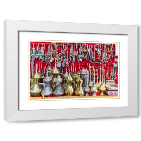 Middle East-Arabian Peninsula-Oman-Ad Dakhiliyah-Nizwa-Traditional tea pots and jewelry for sale White Modern Wood Framed Art Print with Double Matting by Wilson, Emily M.