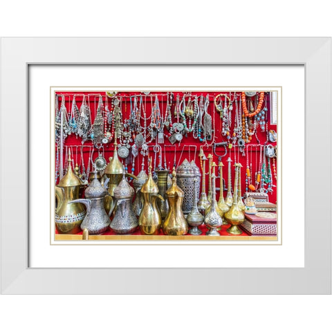 Middle East-Arabian Peninsula-Oman-Ad Dakhiliyah-Nizwa-Traditional tea pots and jewelry for sale White Modern Wood Framed Art Print with Double Matting by Wilson, Emily M.