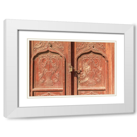 Middle East-Arabian Peninsula-Al Batinah South-Carved wooden door on a building in Oman White Modern Wood Framed Art Print with Double Matting by Wilson, Emily M.