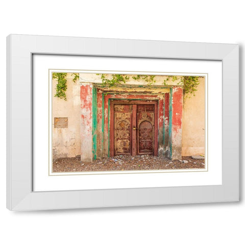 Middle East-Arabian Peninsula-Al Batinah South-Old carved wooden door on a building in Oman White Modern Wood Framed Art Print with Double Matting by Wilson, Emily M.