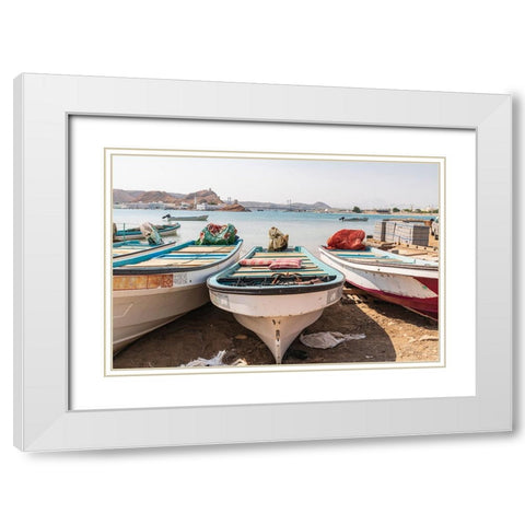 Middle East-Arabian Peninsula-Al Batinah South-Fishing boats on the beach in the harbor of Sur-Oman White Modern Wood Framed Art Print with Double Matting by Wilson, Emily M.