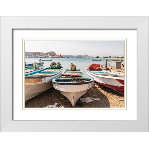 Middle East-Arabian Peninsula-Al Batinah South-Fishing boats on the beach in the harbor of Sur-Oman White Modern Wood Framed Art Print with Double Matting by Wilson, Emily M.