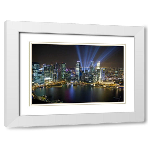 Singapore Downtown overview at night White Modern Wood Framed Art Print with Double Matting by Zuckerman, Jim