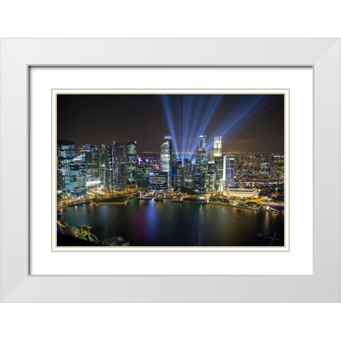 Singapore Downtown overview at night White Modern Wood Framed Art Print with Double Matting by Zuckerman, Jim