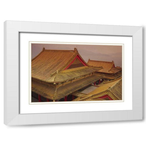 Taiwan, Wenwu Temple rooftops with Sun Moon Lake White Modern Wood Framed Art Print with Double Matting by Satushek, Steve