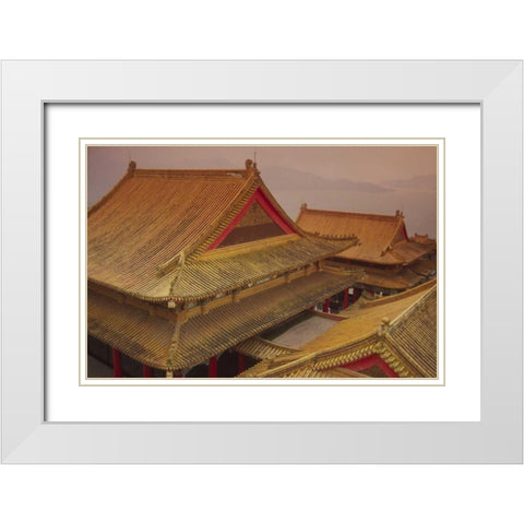 Taiwan, Wenwu Temple rooftops with Sun Moon Lake White Modern Wood Framed Art Print with Double Matting by Satushek, Steve