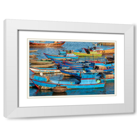 Distinctive red and blue fishing fleet in major fishing port of Nha Trang-South Central Vietnam White Modern Wood Framed Art Print with Double Matting by Haseltine, Tom