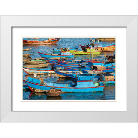 Distinctive red and blue fishing fleet in major fishing port of Nha Trang-South Central Vietnam White Modern Wood Framed Art Print with Double Matting by Haseltine, Tom