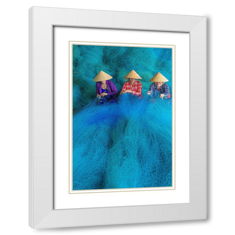 Vietnam-Women repairing fishing nets White Modern Wood Framed Art Print with Double Matting by Norring, Tom