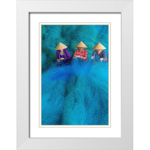 Vietnam-Women repairing fishing nets White Modern Wood Framed Art Print with Double Matting by Norring, Tom