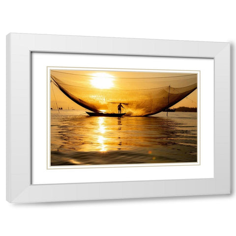 Vietnam-Fisherman emptying the nights catch in the Lagoon White Modern Wood Framed Art Print with Double Matting by Norring, Tom