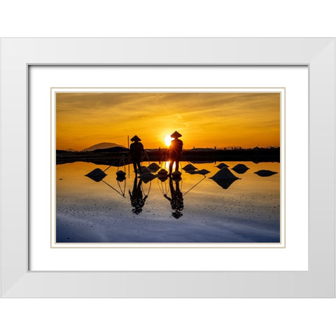 Vietnam-Doc Let Salt lake-Workers harvesting the salt-Early morning sunrise White Modern Wood Framed Art Print with Double Matting by Norring, Tom